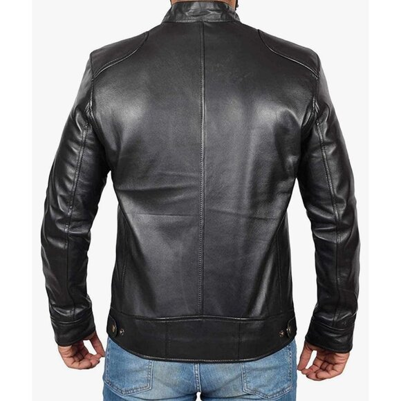 Mens Black Leather motorcycle Jacket  Zipper Pockets & Stand Collar Size XXL - Picture 2 of 16